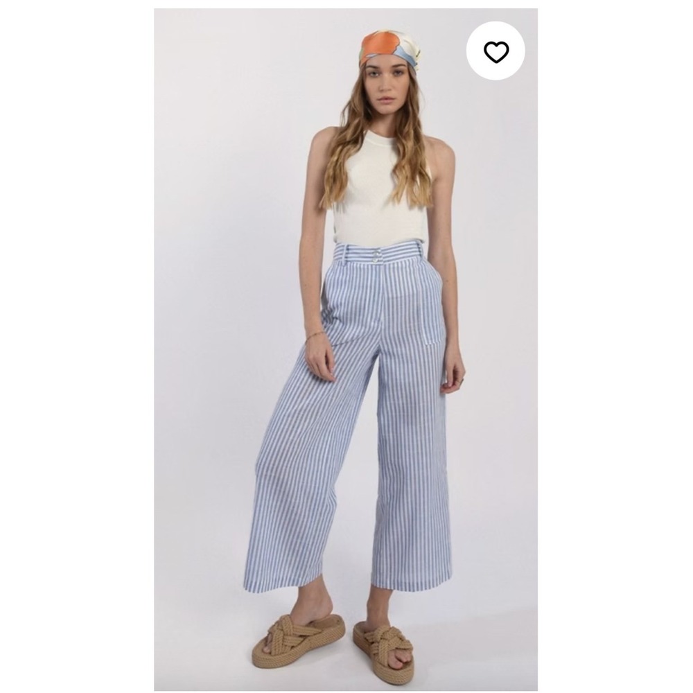 Molly Bracken Striped Wide Leg High Rise Pants Blue White Trousers Beach Travel